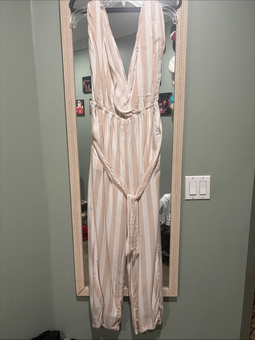American Eagle Outfitters Cream & White Striped Sleeveless Jumpsuit